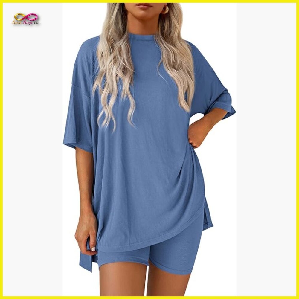 Oversized Short Sleeve Shirt Biker Shorts Matching Lounge Set Comfy Casual